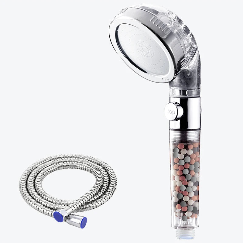 3 Modes Adjustable High Pressure Shower Head SPA Shower Water Saving Filter Balls Replaceable Switch Button One Key Stop Shower